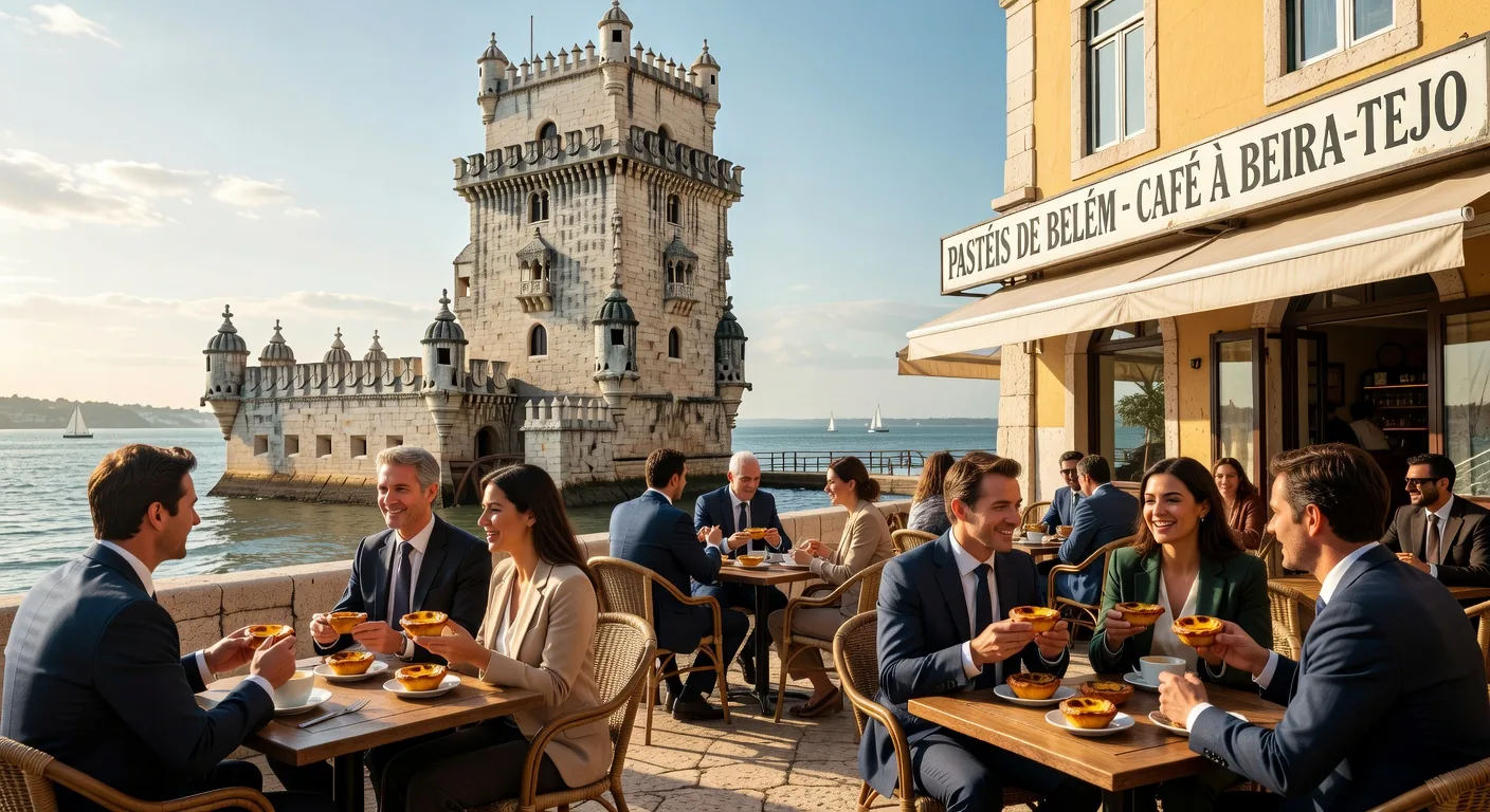 Belém Tower in Lisbon with pastries in the foreground